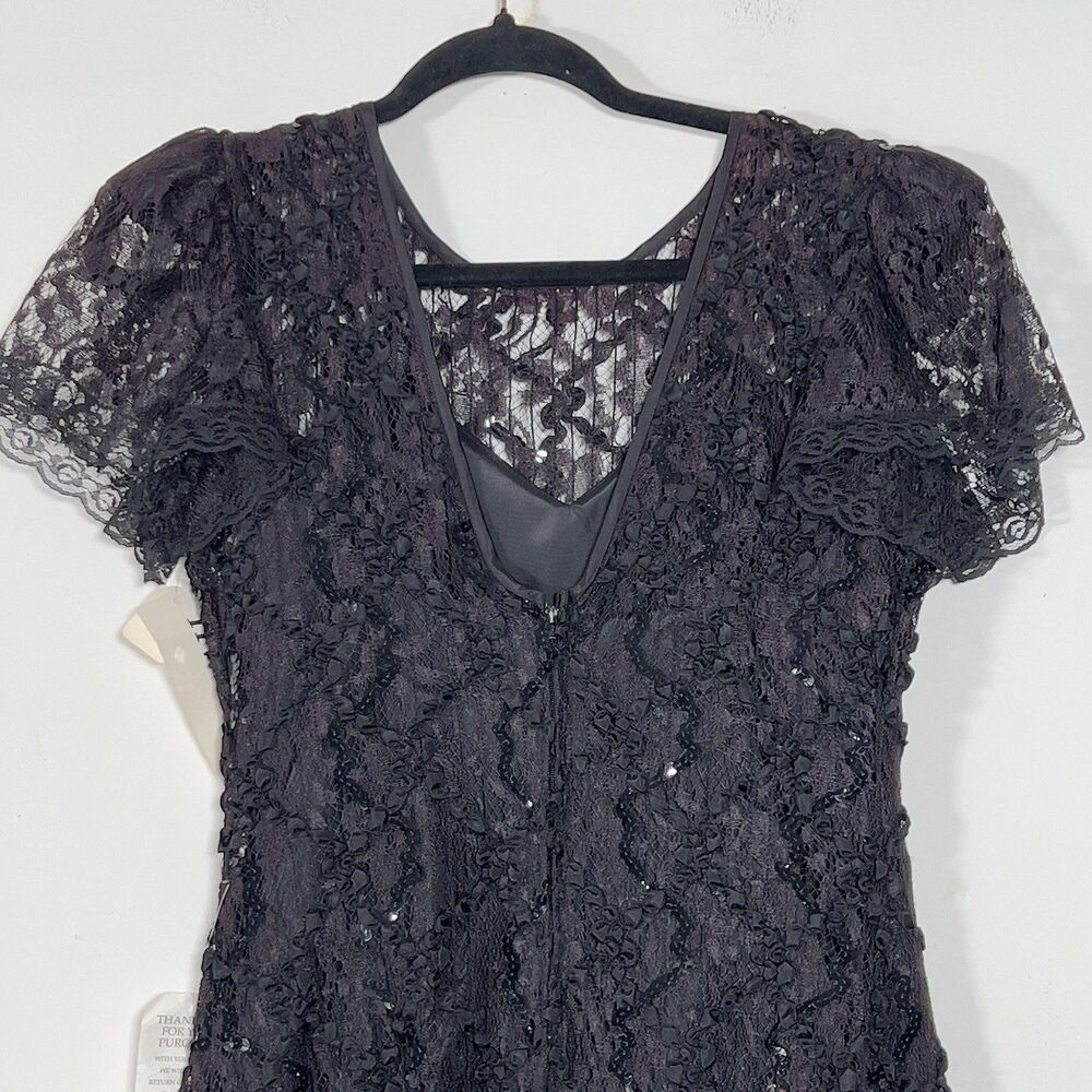 Vtg HW Collections Sequined Lace‎ Overlay Midi Dress Sz S/XS Black Scoop Back - Picture 7 of 16
